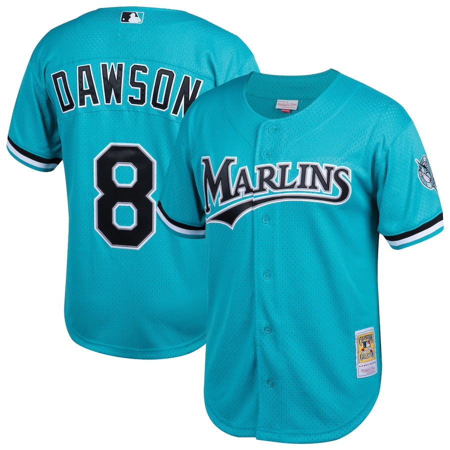 Men's Florida Marlins Andre Dawson Mitchell & Ness Teal Cooperstown Collection Mesh Batting Practice Button-Up Jersey