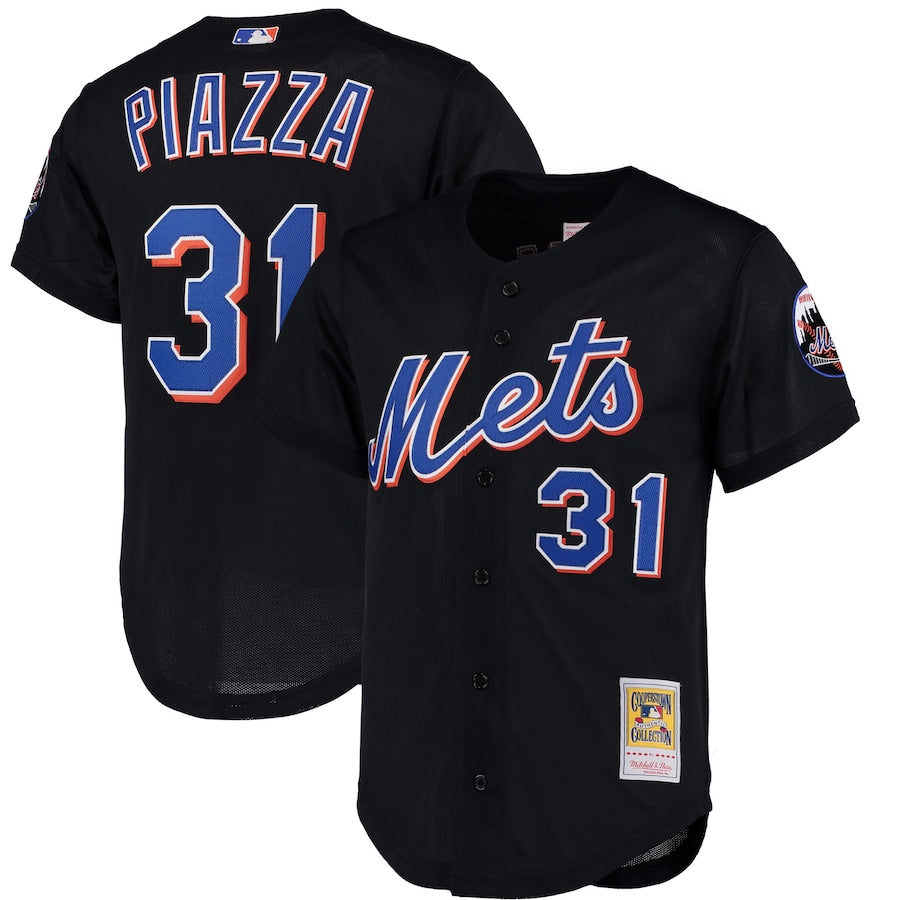 Men's New York Mets Mike Piazza Mitchell & Ness Black Cooperstown Collection Mesh Batting Practice Button-Up Jersey