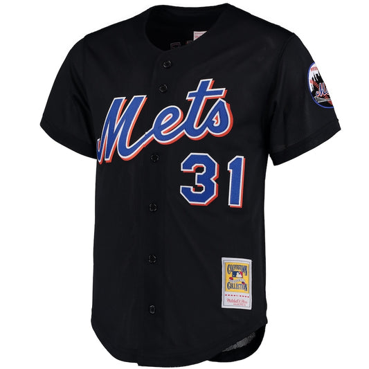 Men's New York Mets Mike Piazza Mitchell & Ness Black Cooperstown Collection Mesh Batting Practice Button-Up Jersey